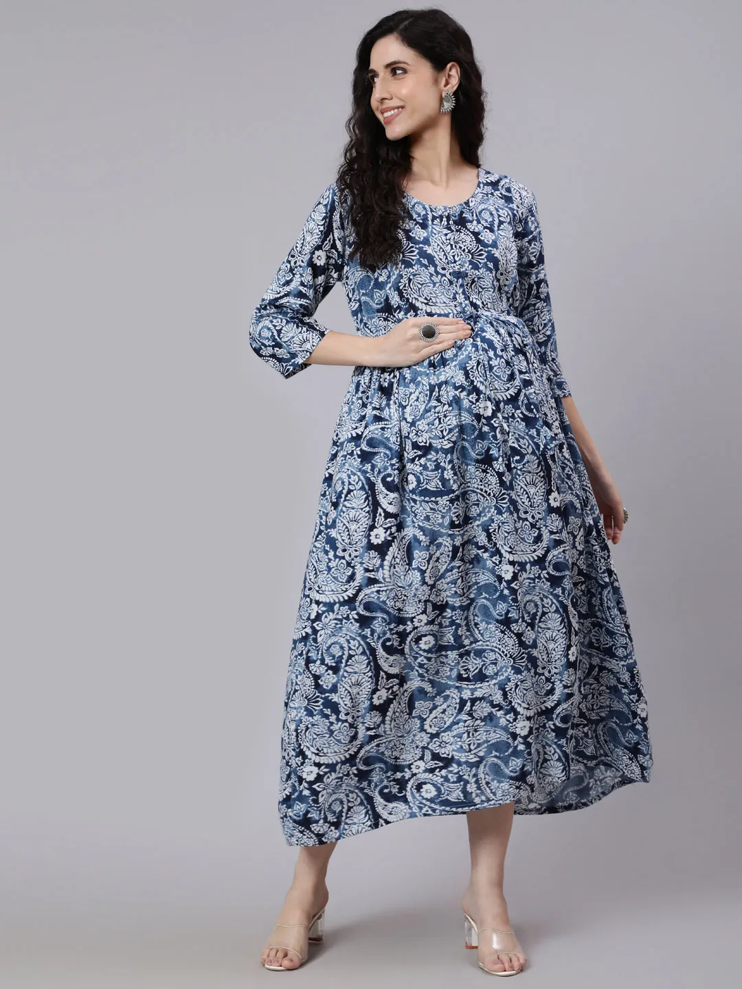 Women Blue Ethnic Mothif Printed Maternity Dress