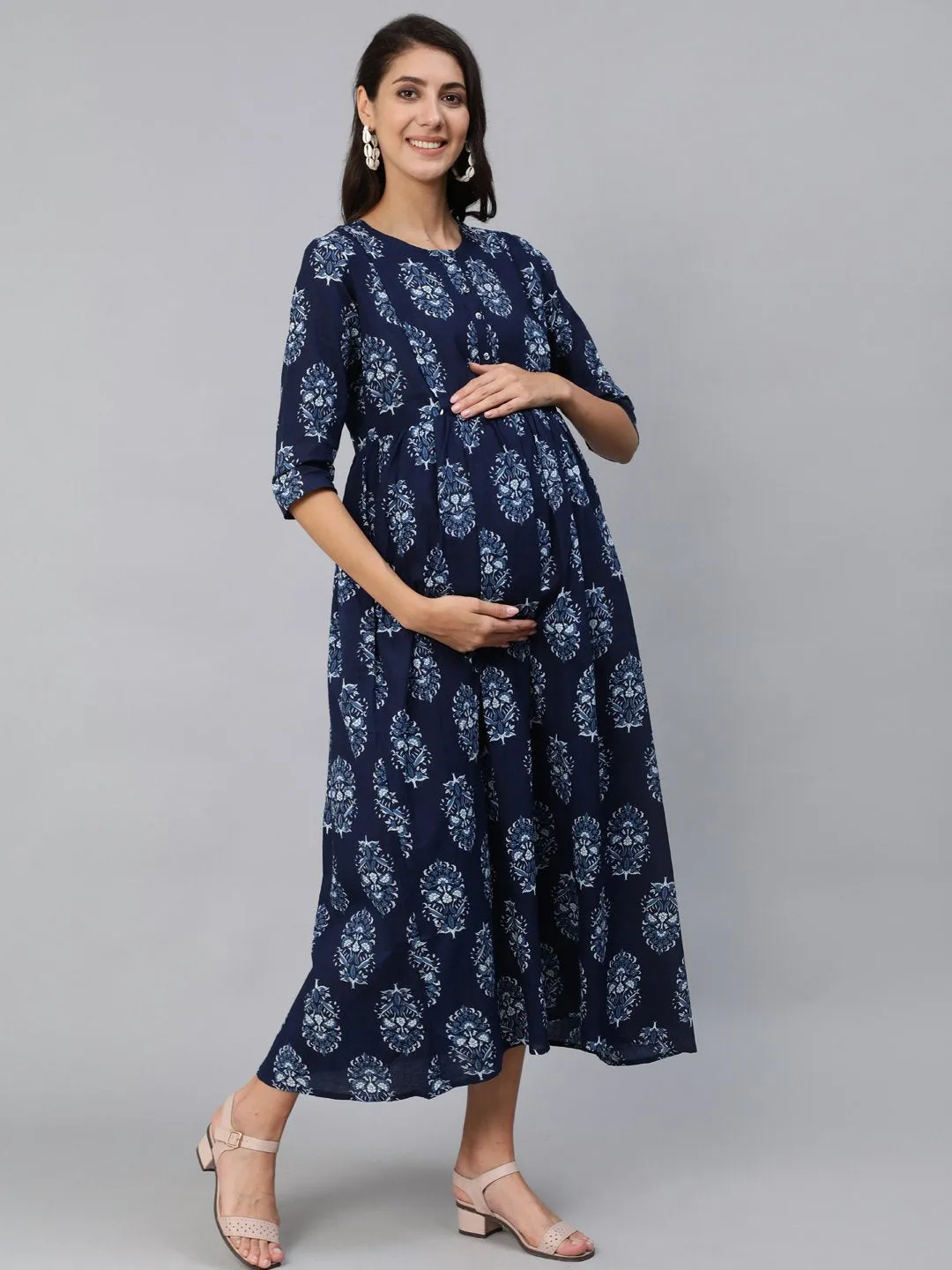 Women Blue Indigo Printed Maternity Dress With Three Quarter Sleeves