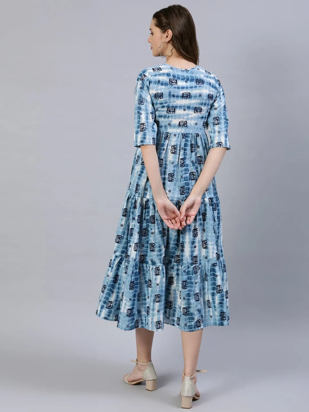 Women  Blue Printed Tiered Dress With Three Quarter Sleeves