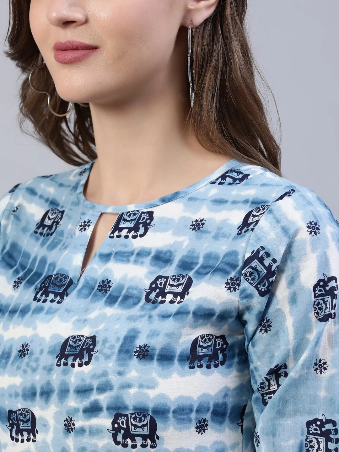 Women  Blue Printed Tiered Dress With Three Quarter Sleeves