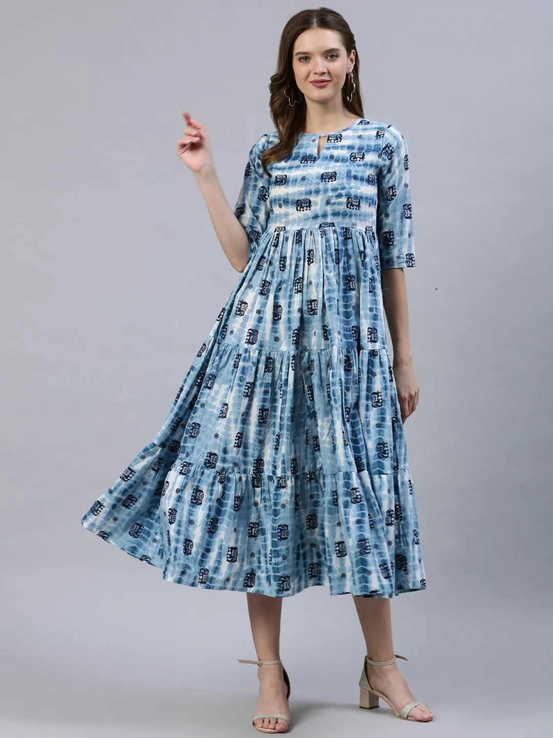 Women  Blue Printed Tiered Dress With Three Quarter Sleeves