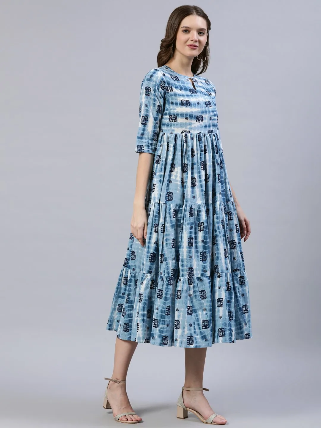 Women  Blue Printed Tiered Dress With Three Quarter Sleeves