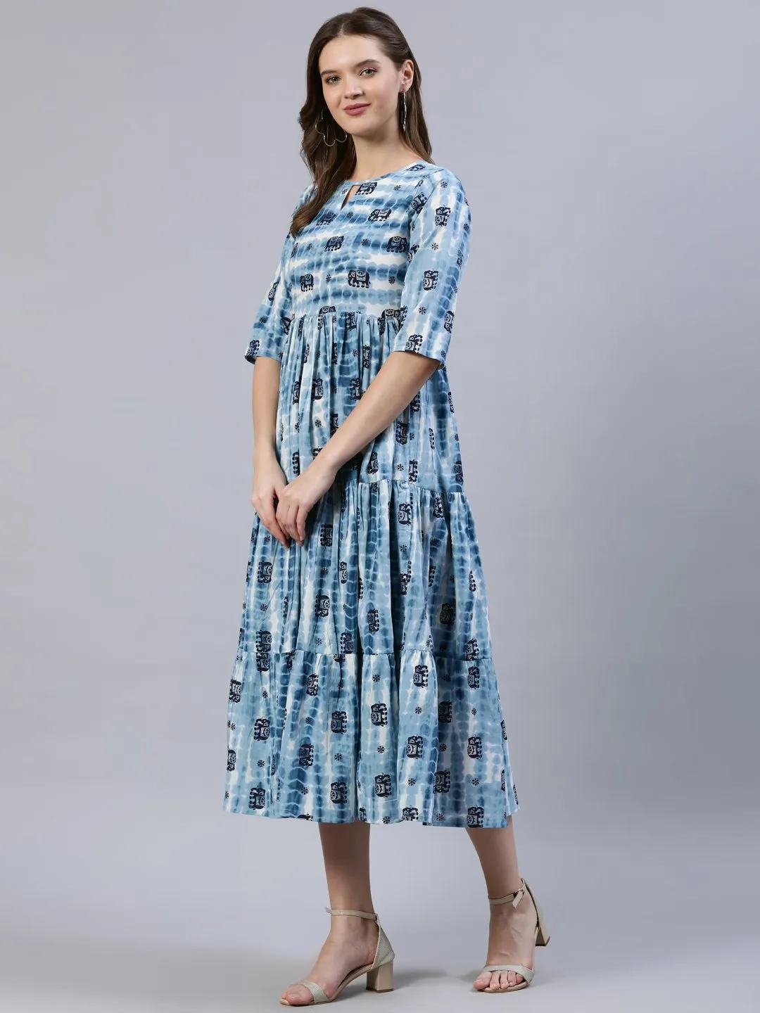 Women  Blue Printed Tiered Dress With Three Quarter Sleeves