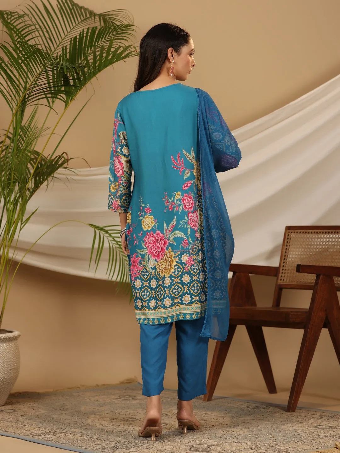 Women Blue Rayon  Kurta Set With Dupatta