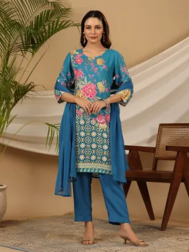 Women Blue Rayon  Kurta Set With Dupatta