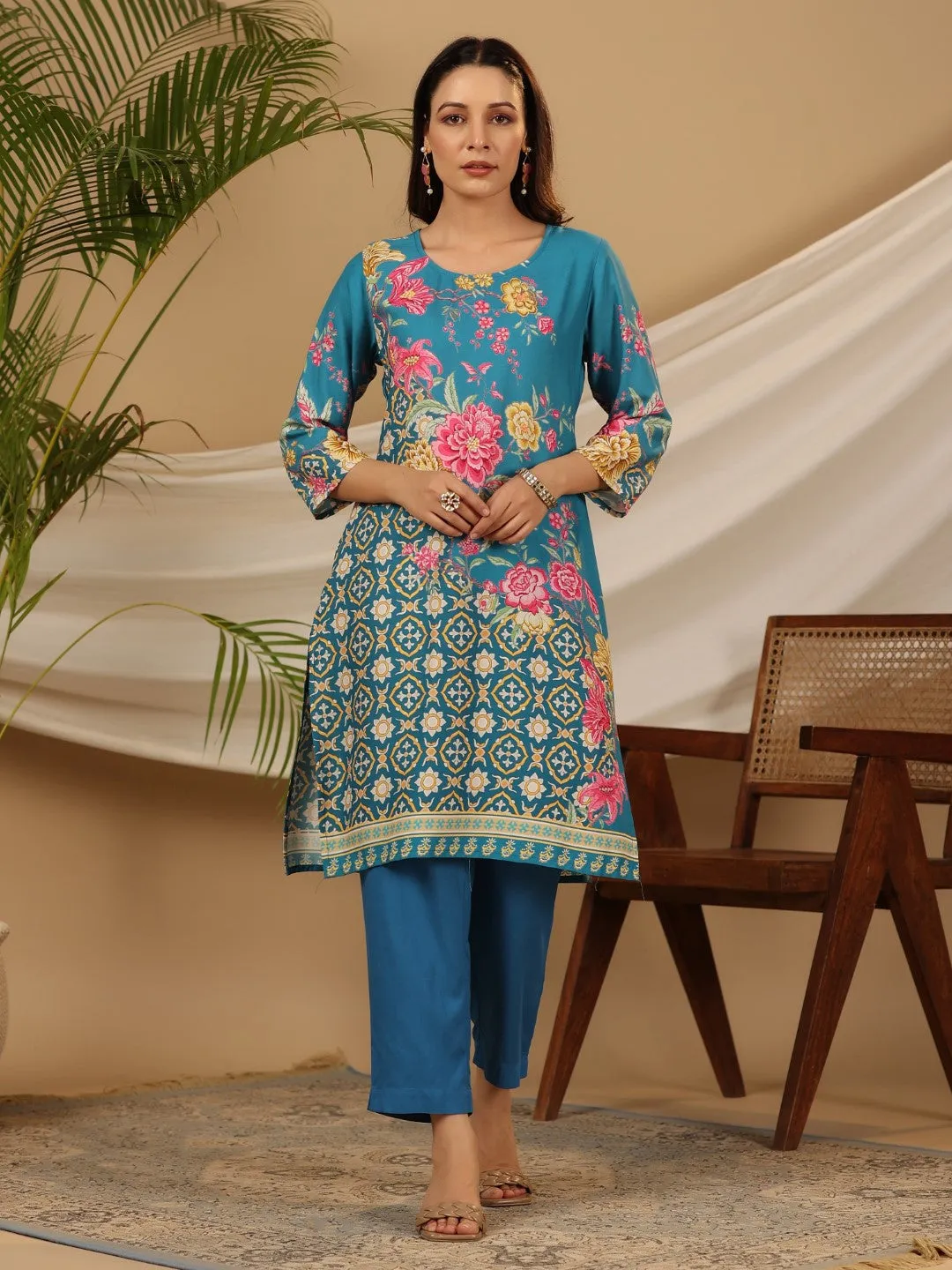 Women Blue Rayon  Kurta Set With Dupatta