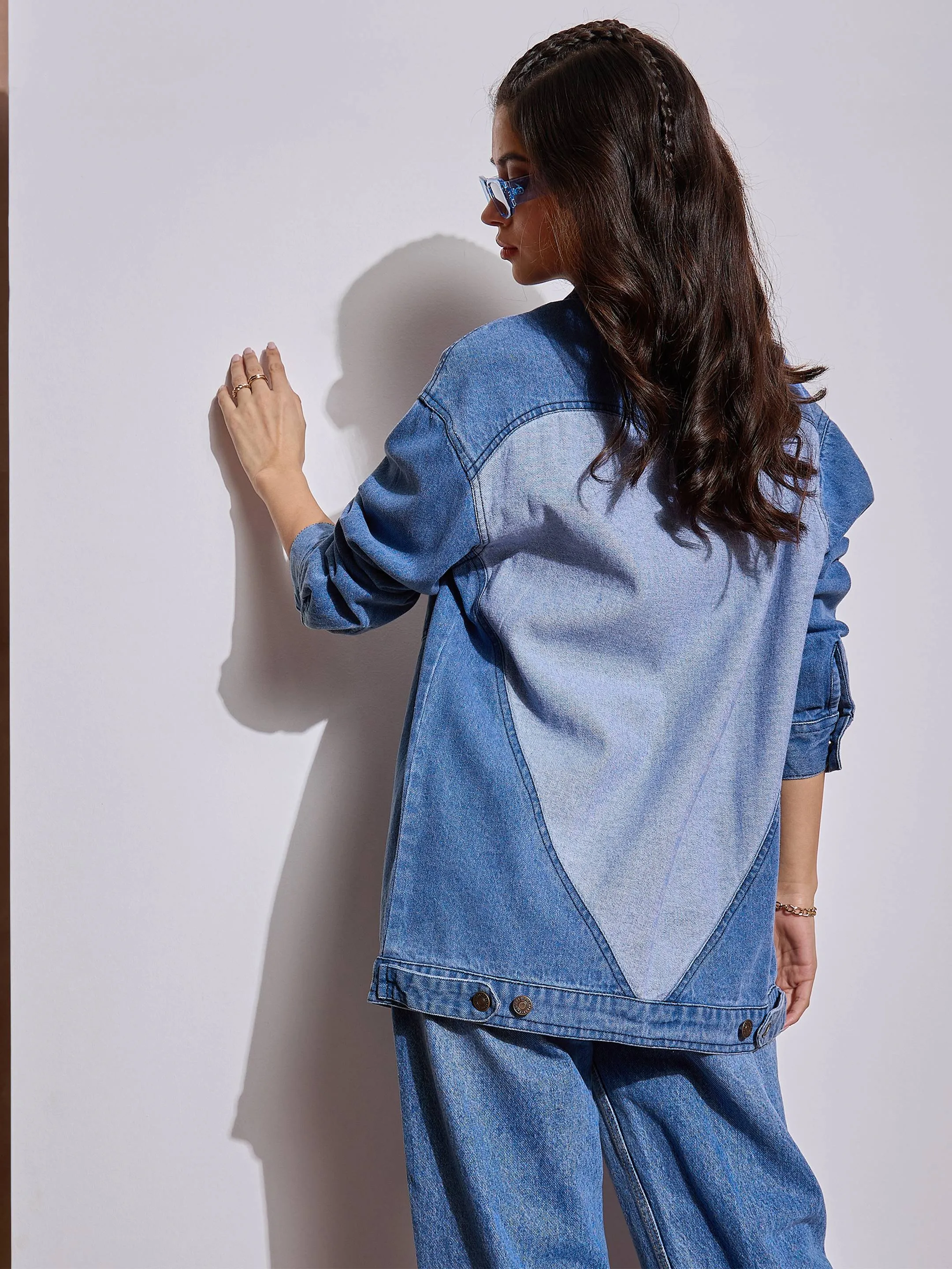 Women Blue Washed Denim Back Heart Patch Shacket