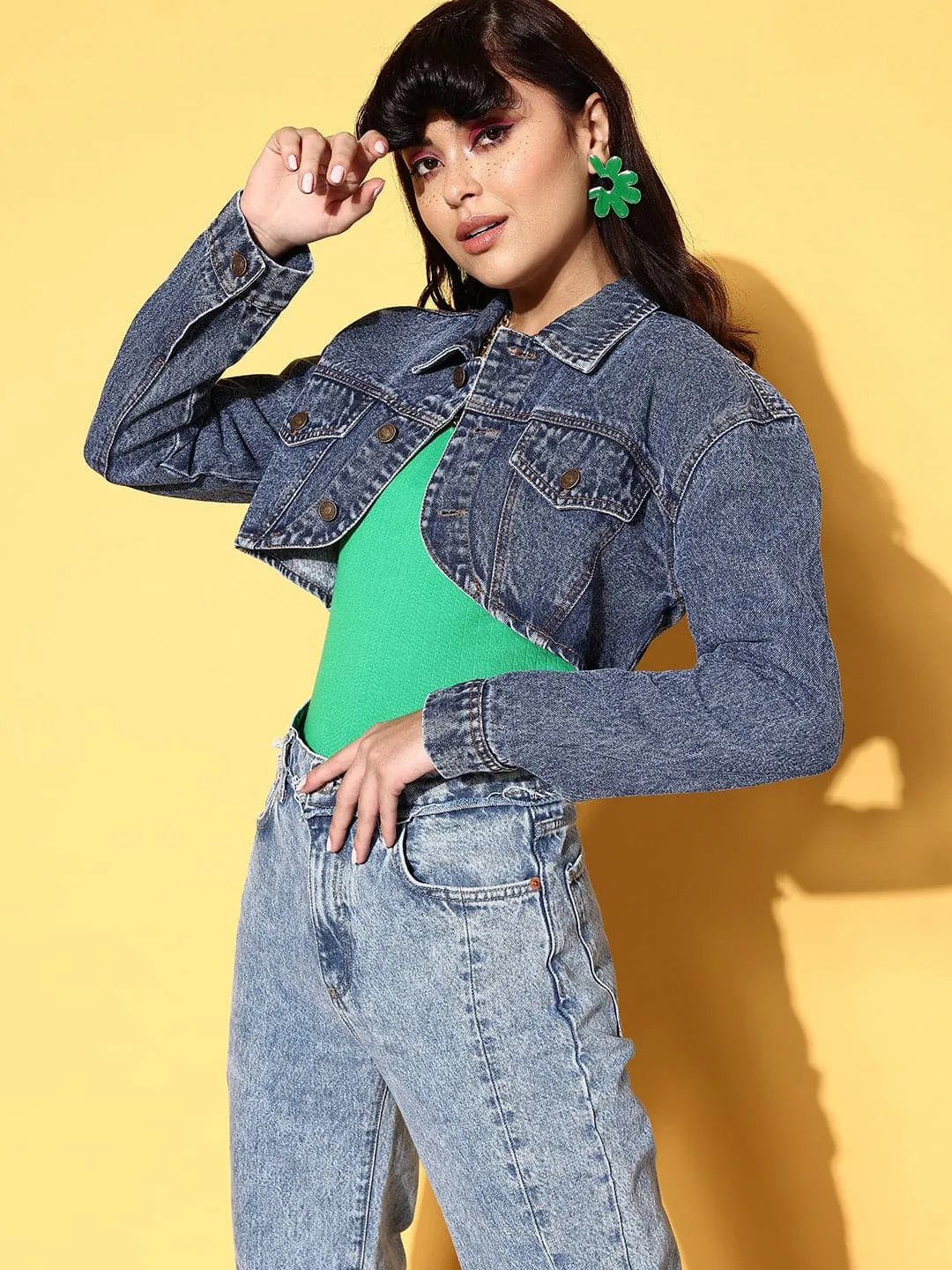 Women Blue Washed Denim Crop Jacket