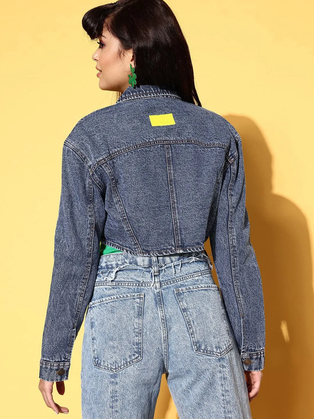 Women Blue Washed Denim Crop Jacket