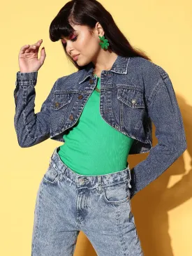 Women Blue Washed Denim Crop Jacket