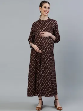 Women Brown Printed Maternity Dress With Three Quarter Sleeves