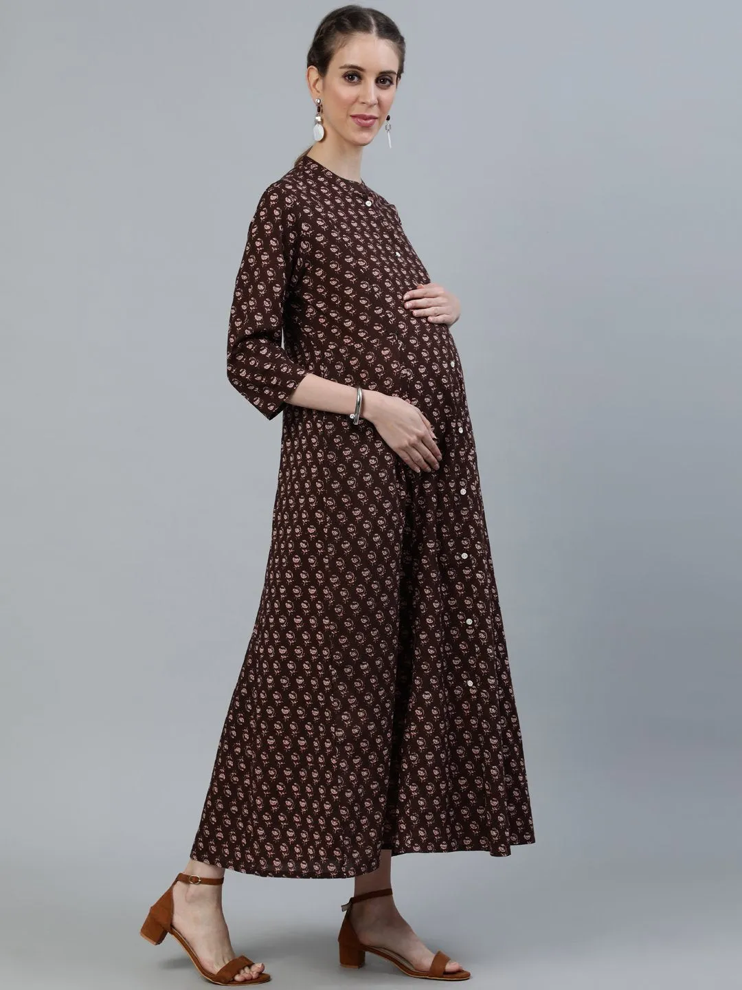 Women Brown Printed Maternity Dress With Three Quarter Sleeves