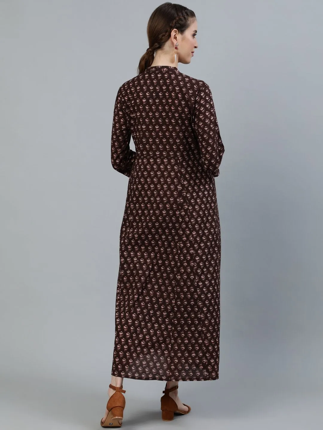 Women Brown Printed Maternity Dress With Three Quarter Sleeves