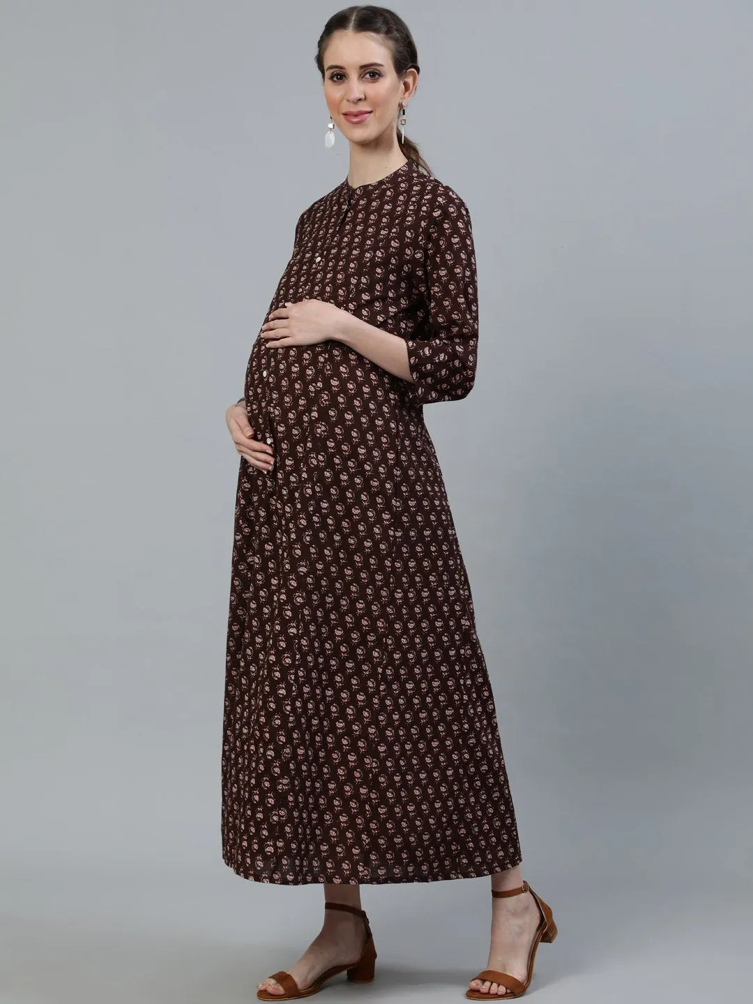 Women Brown Printed Maternity Dress With Three Quarter Sleeves