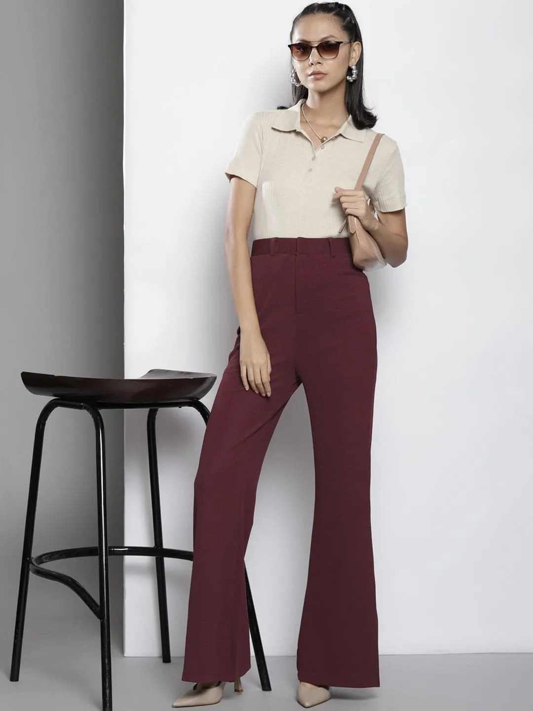 Women Burgundy Bell Bottom Knitted Pants