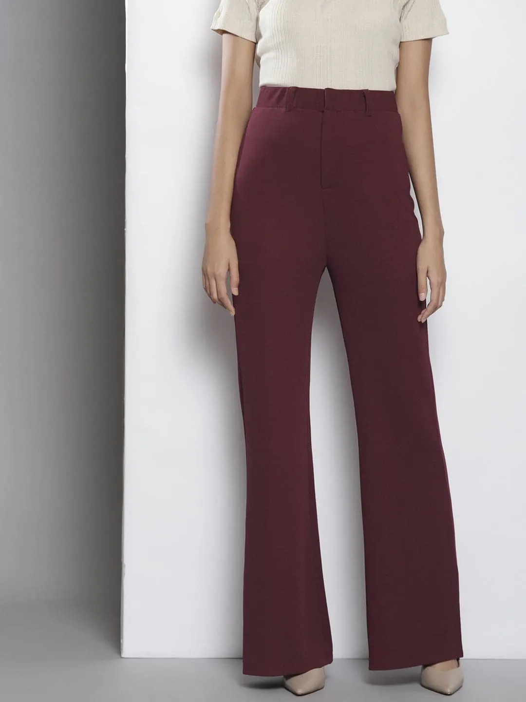 Women Burgundy Bell Bottom Knitted Pants