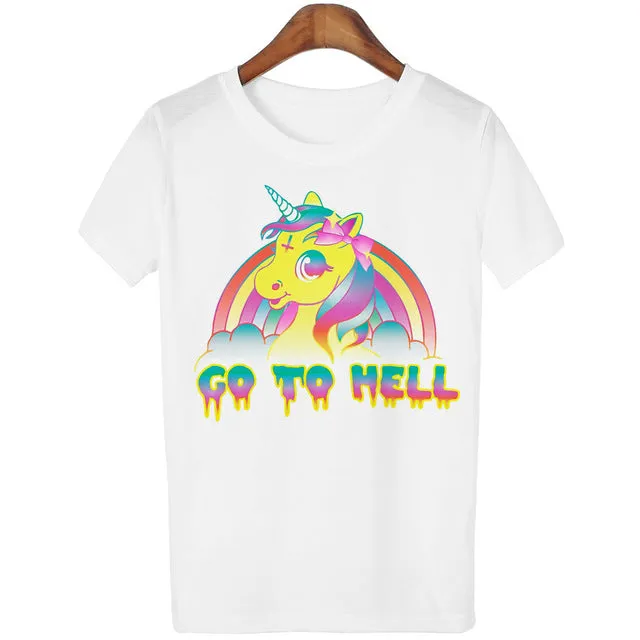 Women Casual Unicorn T-shirt Harajuku Blusa Tops Crew Neck White Short Sleeve T shirt Lady Tees