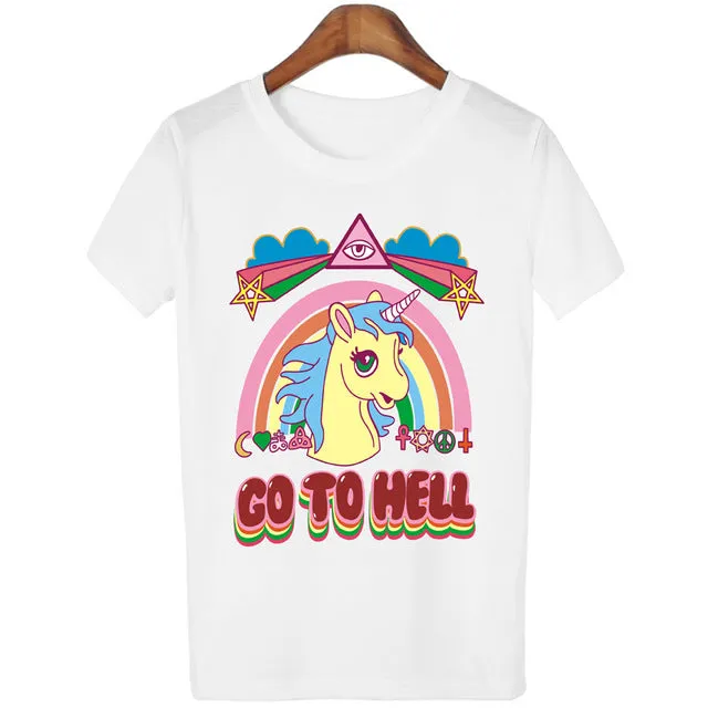 Women Casual Unicorn T-shirt Harajuku Blusa Tops Crew Neck White Short Sleeve T shirt Lady Tees