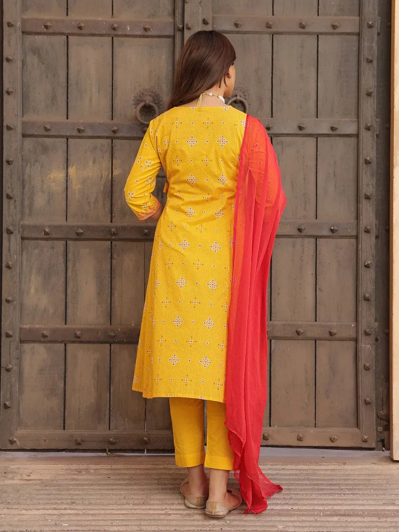 Women Cotton Cambric Mustard Bandhani Printed Kurta, Pants & Dupatta Set