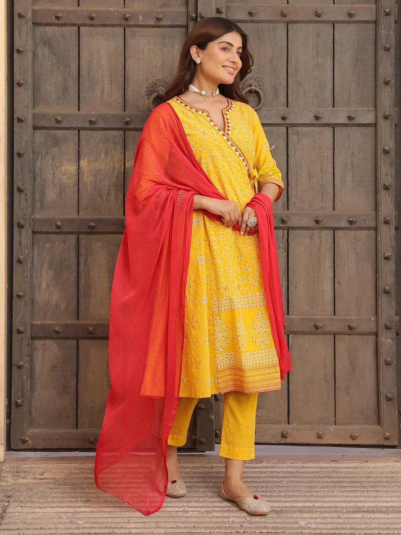 Women Cotton Cambric Mustard Bandhani Printed Kurta, Pants & Dupatta Set