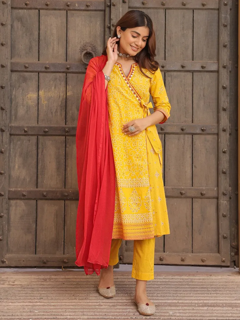 Women Cotton Cambric Mustard Bandhani Printed Kurta, Pants & Dupatta Set