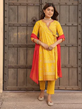 Women Cotton Cambric Mustard Bandhani Printed Kurta, Pants & Dupatta Set