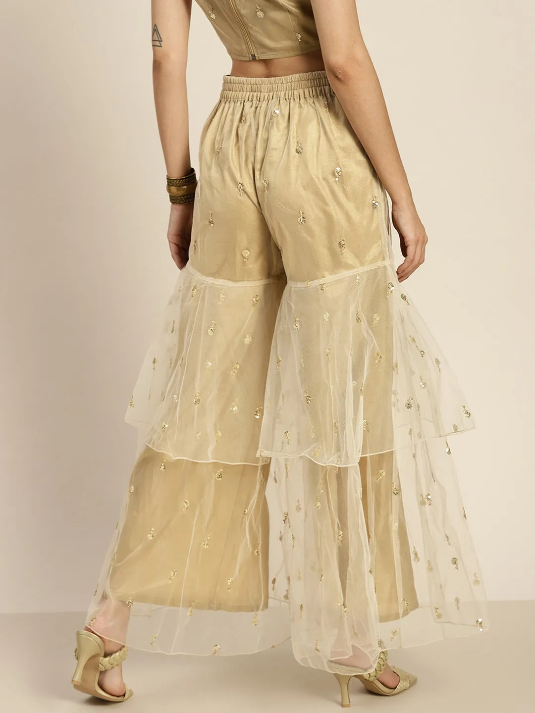 Women Golden Tulle Frilly Sharara Pants