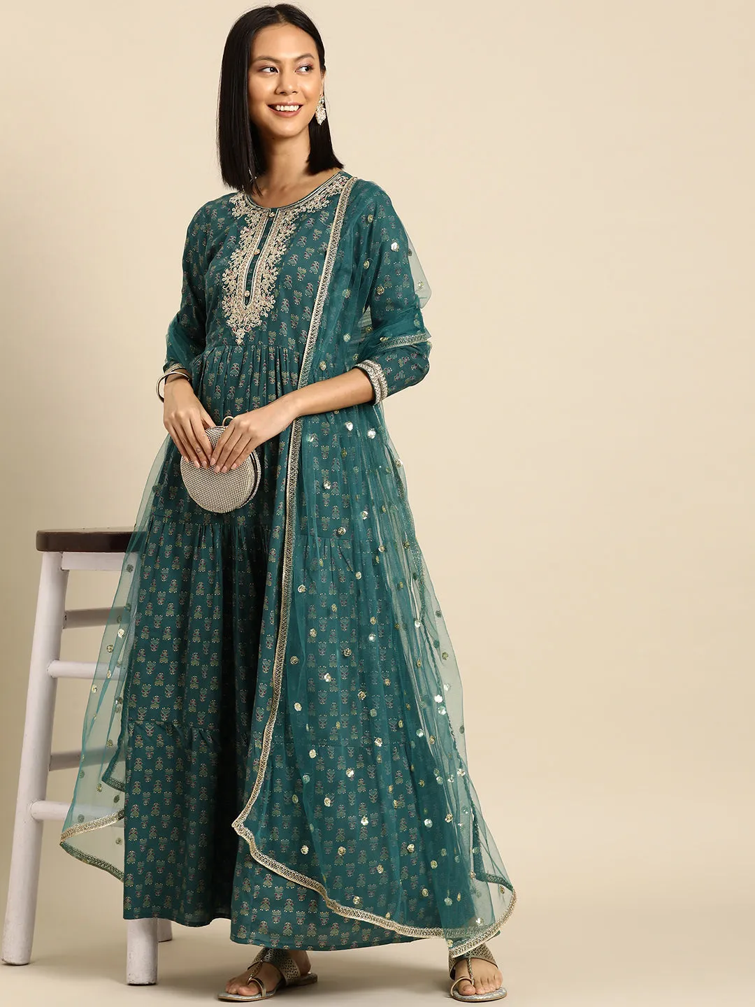 Women Green Embroidered Flared Dress With Net Dupatta