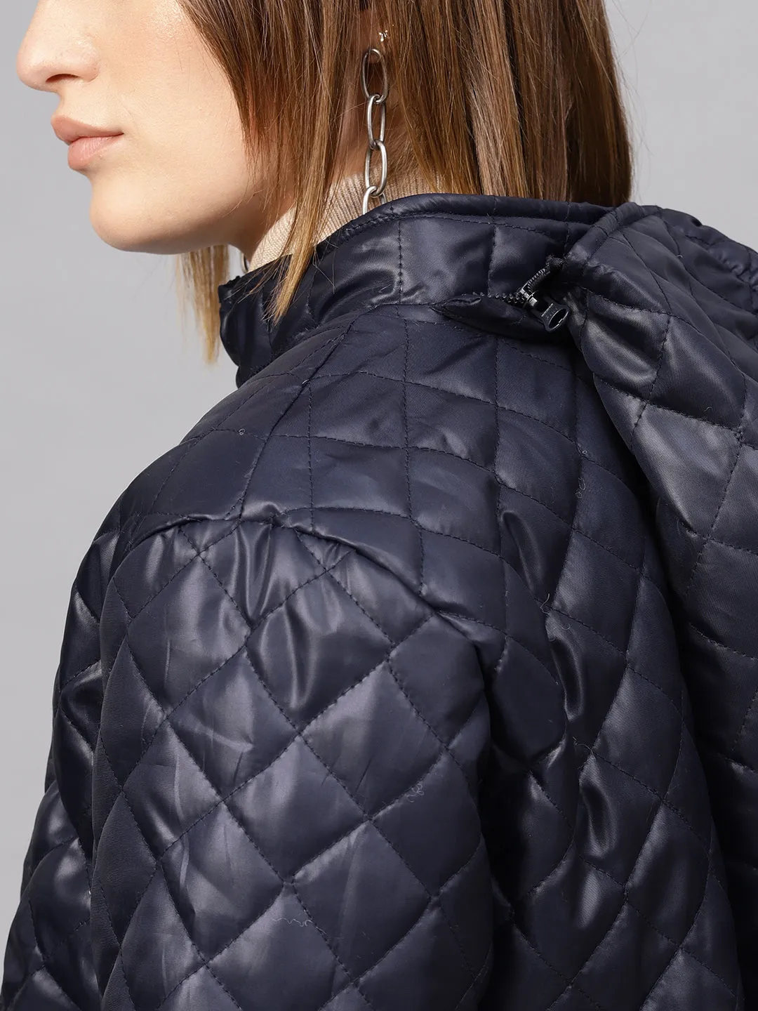 Women Navy Quilted Hooded Puffer Jacket