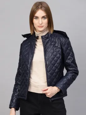 Women Navy Quilted Hooded Puffer Jacket