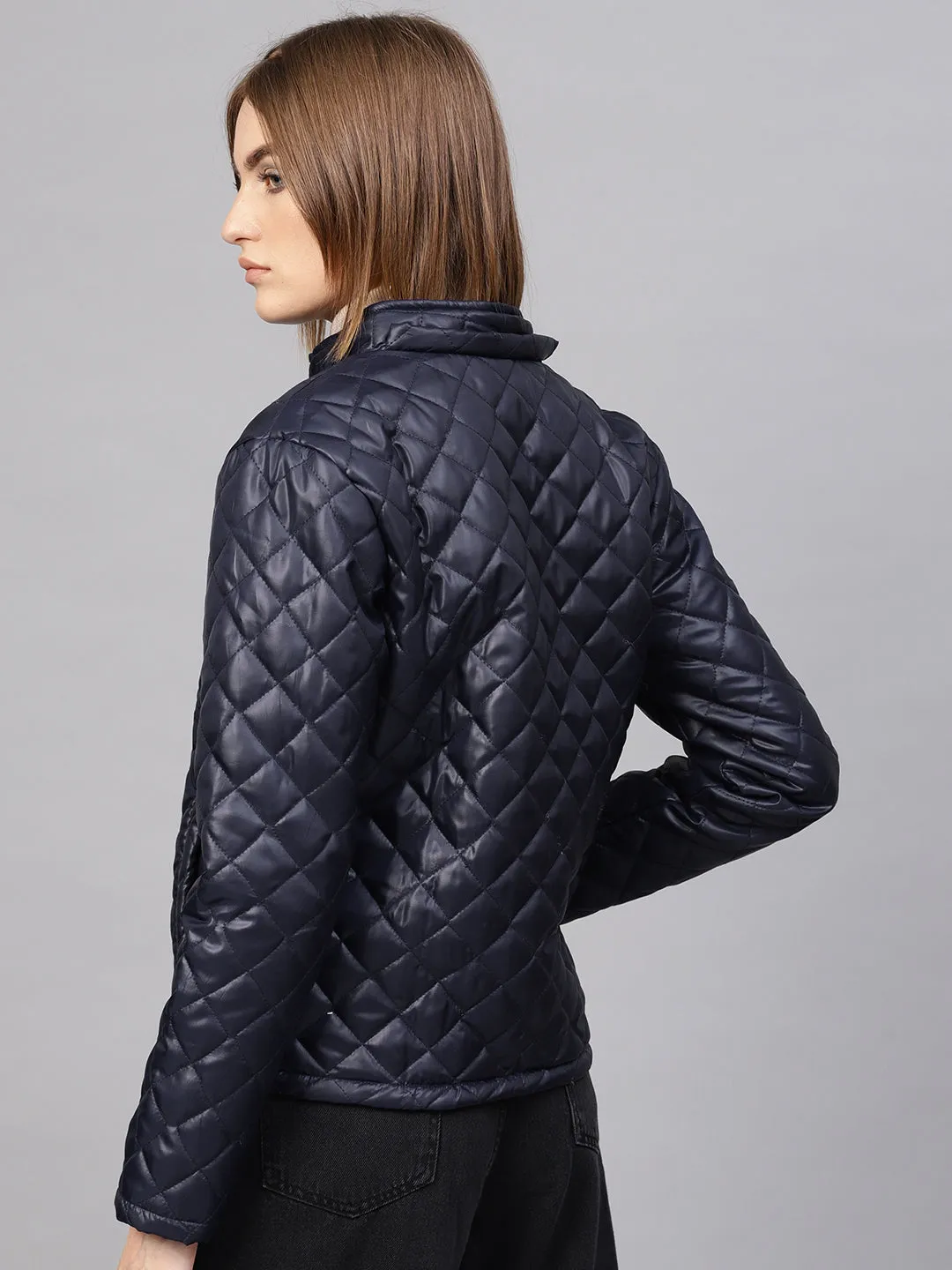 Women Navy Quilted Hooded Puffer Jacket