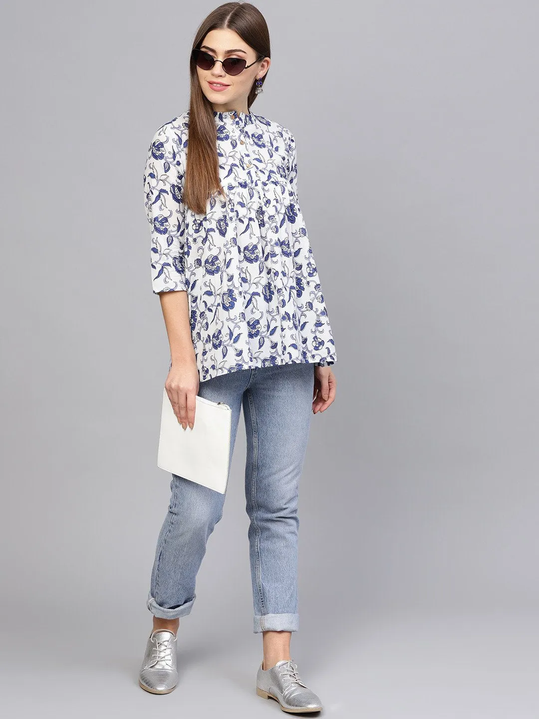 Women Off-White & Blue Printed A-Line Tunic