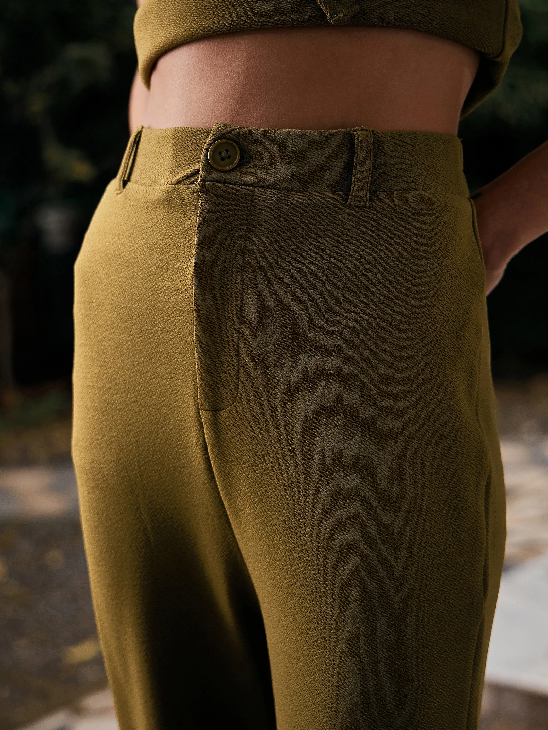 Women Olive Tie-Knot Top With Kick Pleat Pants