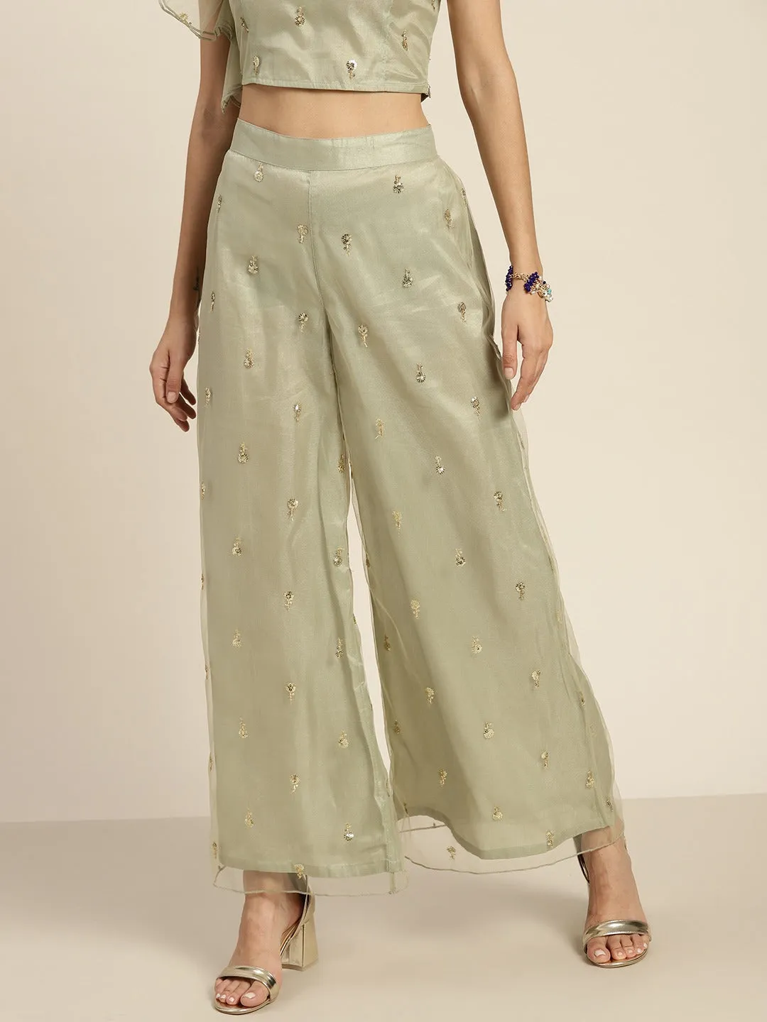 Women Olive Tulle Sequins Flared Pants