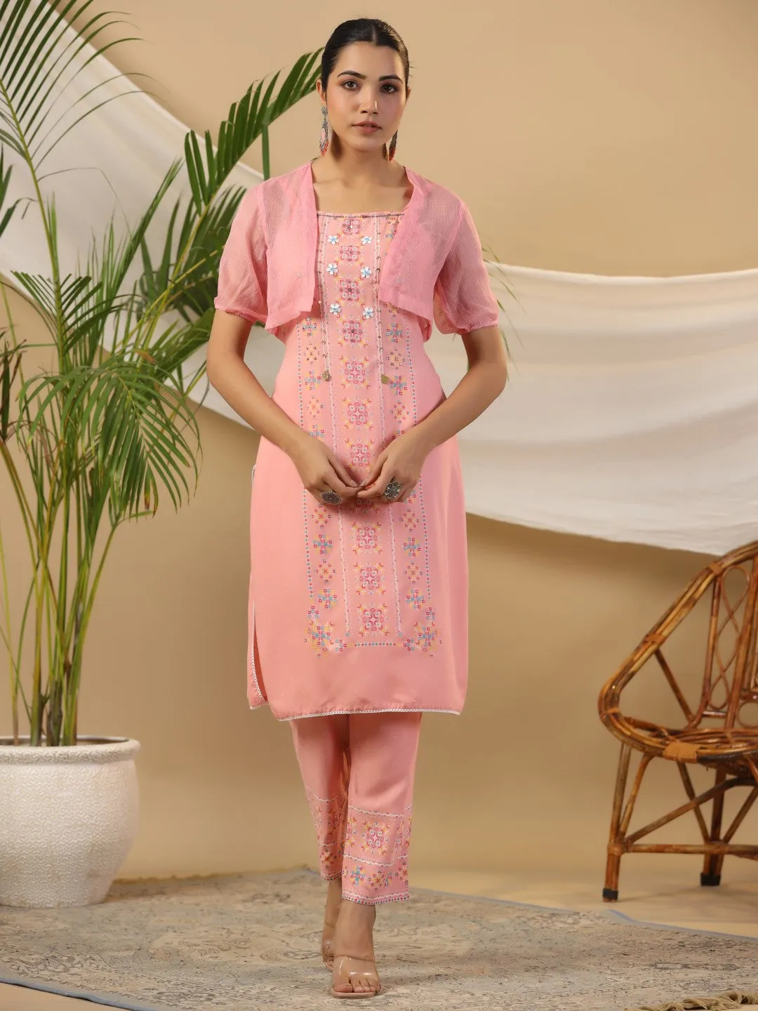 Women Peach Rayon  Kurta Set With Dupatta