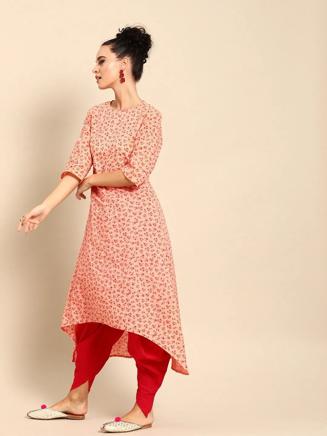 Women Peach Three-Quarter Sleeves Asymmetric Kurta Set