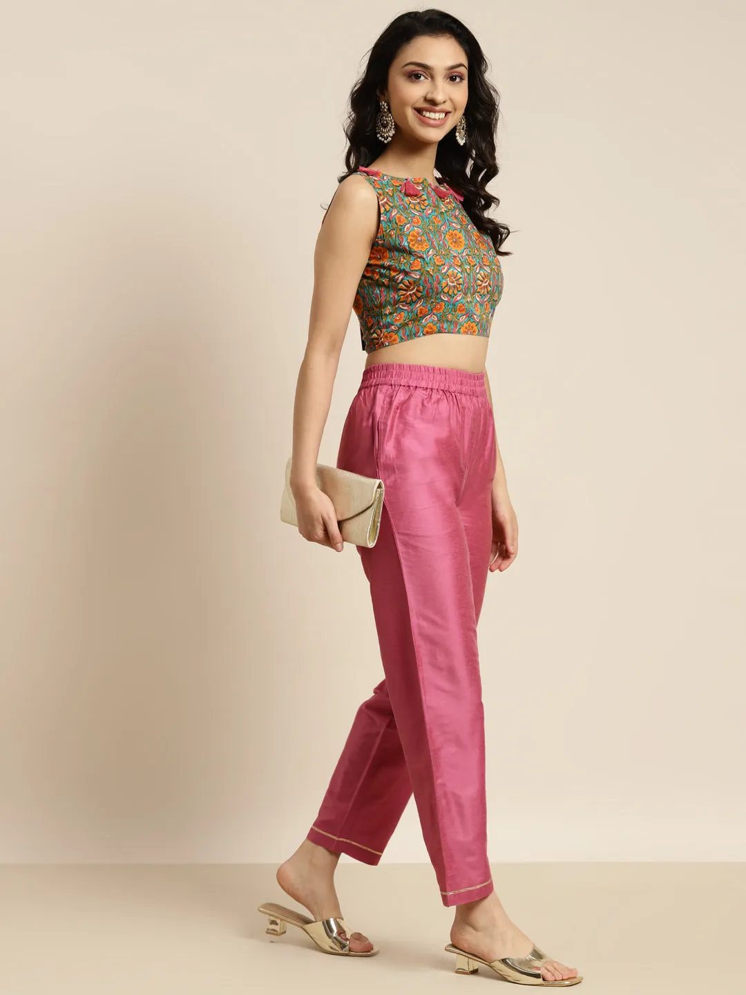 Women Pink Chanderi Inlay Pocket Pants