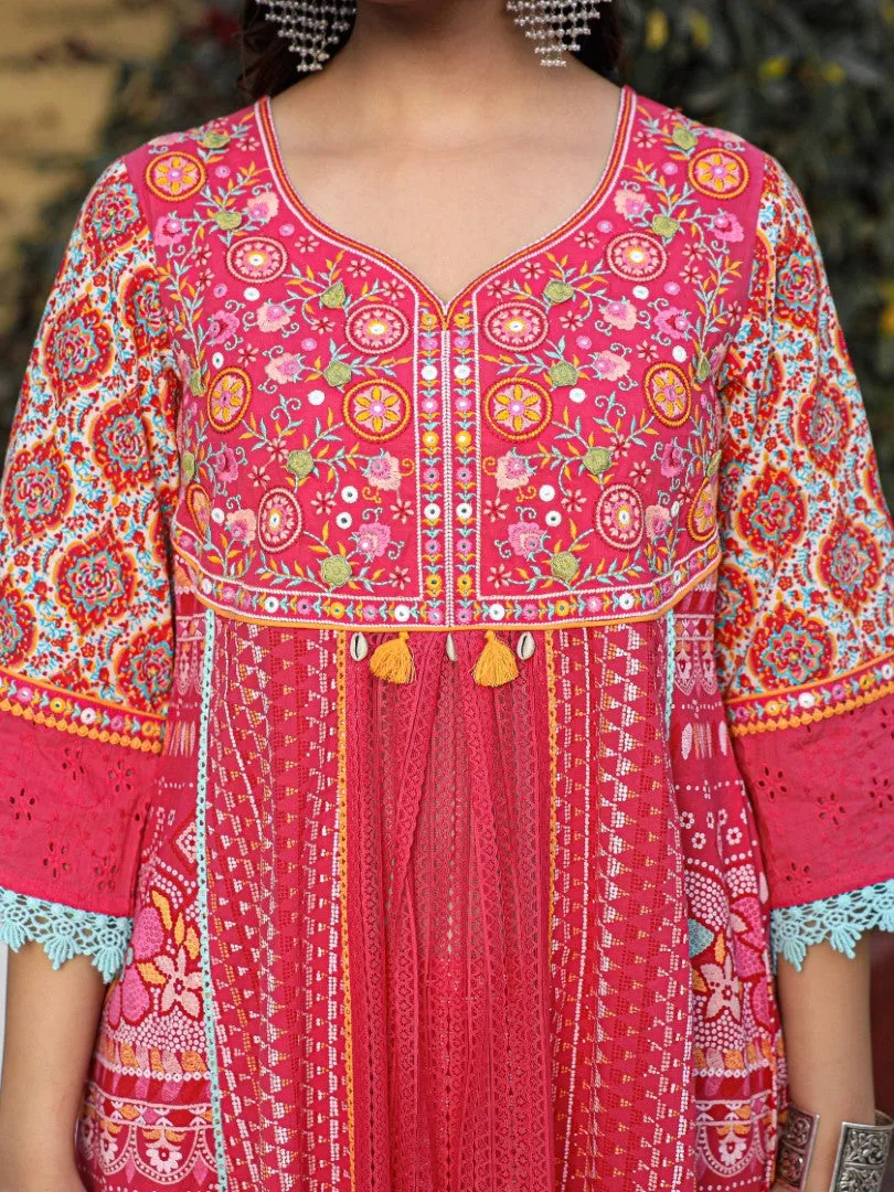 Women Pink Cotton Cambric & Net Floral Print With Embroidery Flared Kurta Set