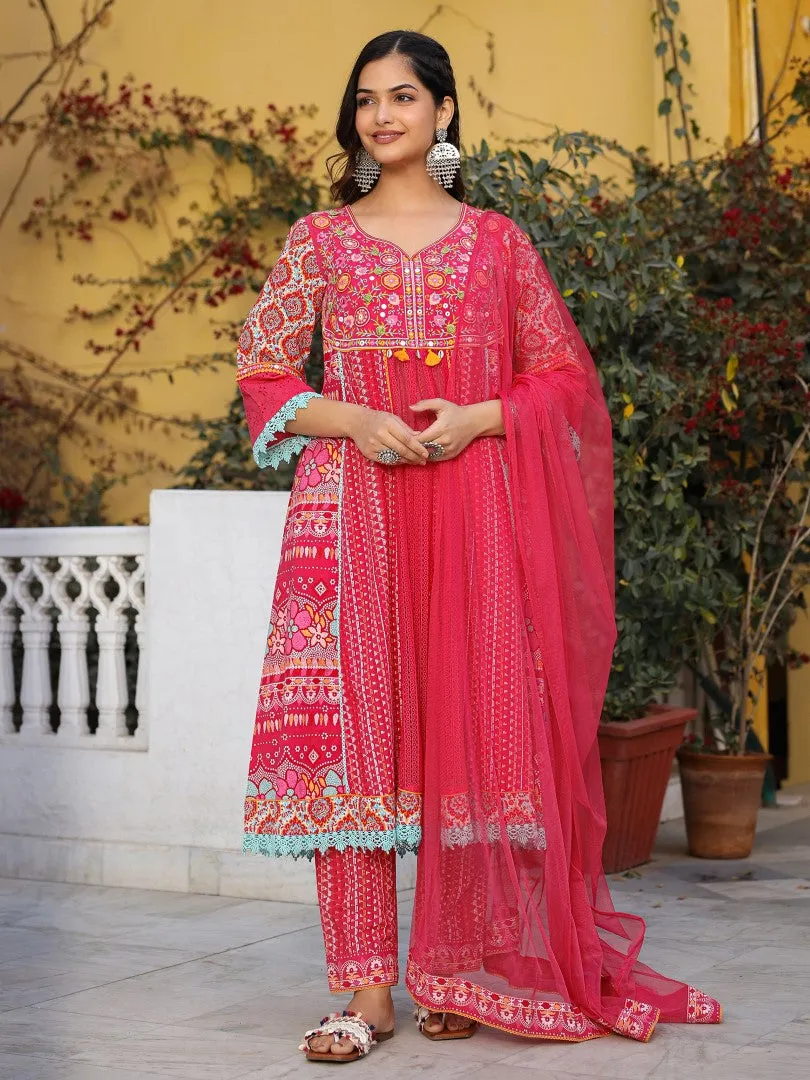 Women Pink Cotton Cambric & Net Floral Print With Embroidery Flared Kurta Set