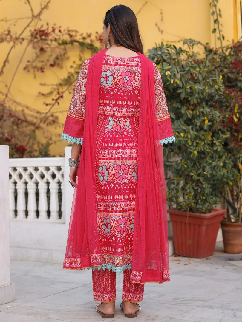 Women Pink Cotton Cambric & Net Floral Print With Embroidery Flared Kurta Set