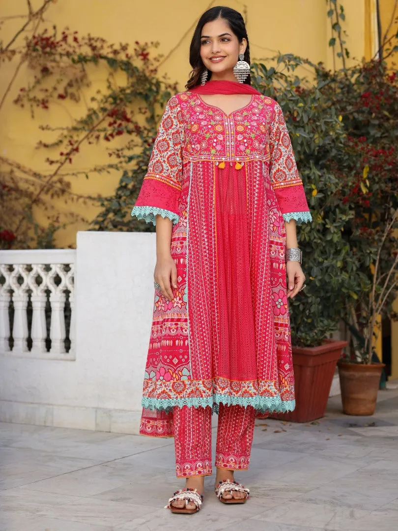 Women Pink Cotton Cambric & Net Floral Print With Embroidery Flared Kurta Set