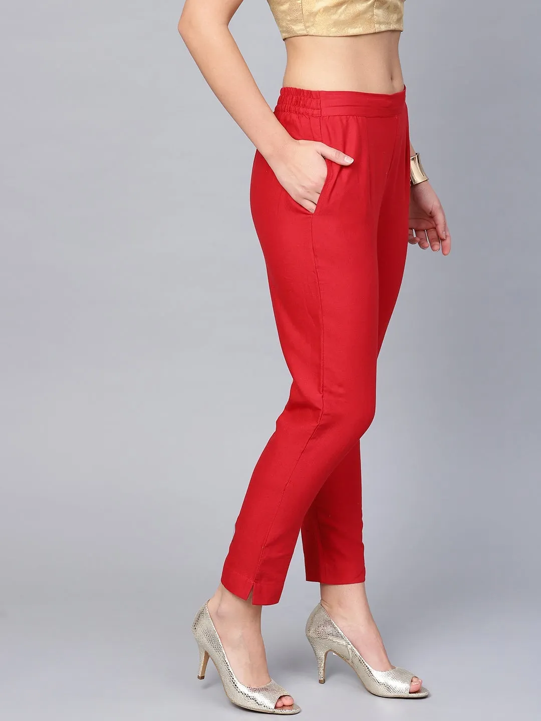 Women Red Cotton Flex Solid Pant