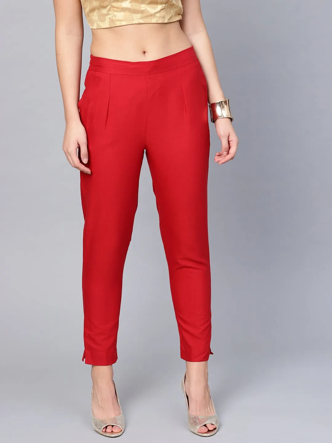 Women Red Cotton Flex Solid Pant