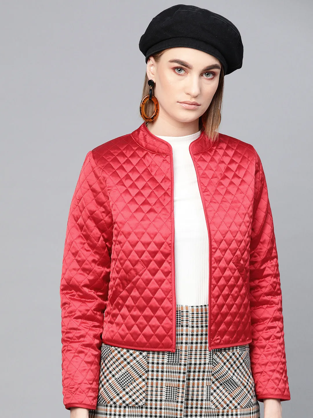 Women Red Front Open Quilted Jacket