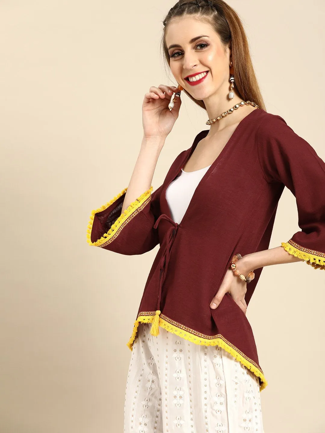 Women Solid Maroon Shrug With Tassle And Lace Detail