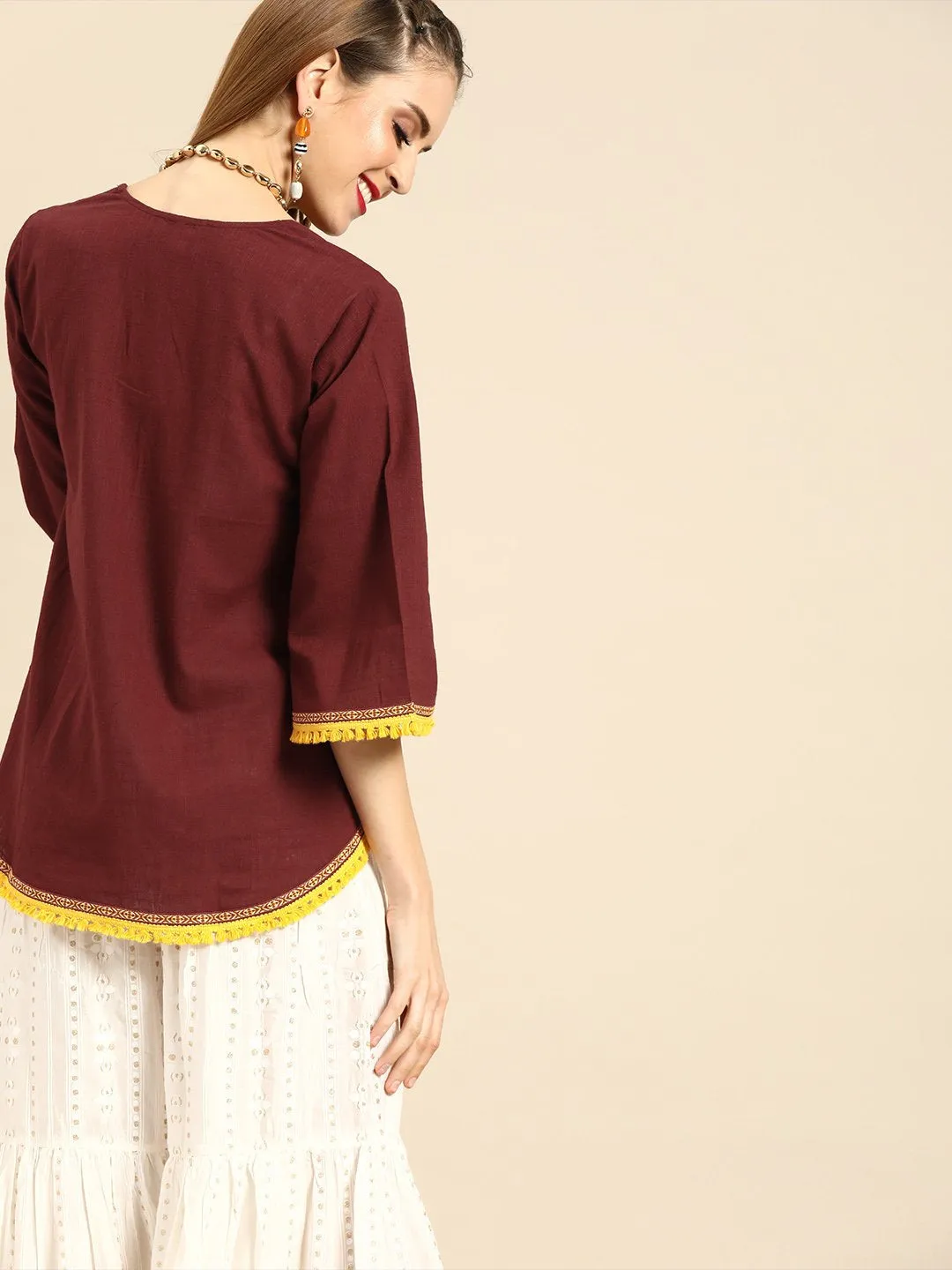 Women Solid Maroon Shrug With Tassle And Lace Detail