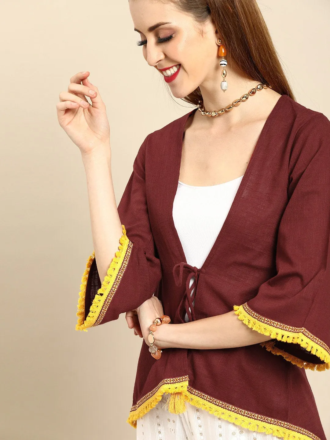 Women Solid Maroon Shrug With Tassle And Lace Detail