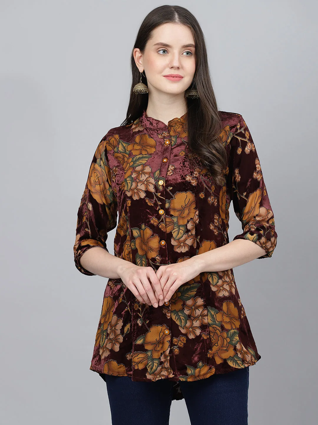 Women Wine Floral Burn Out Valvet A-Line Shirts Style Top