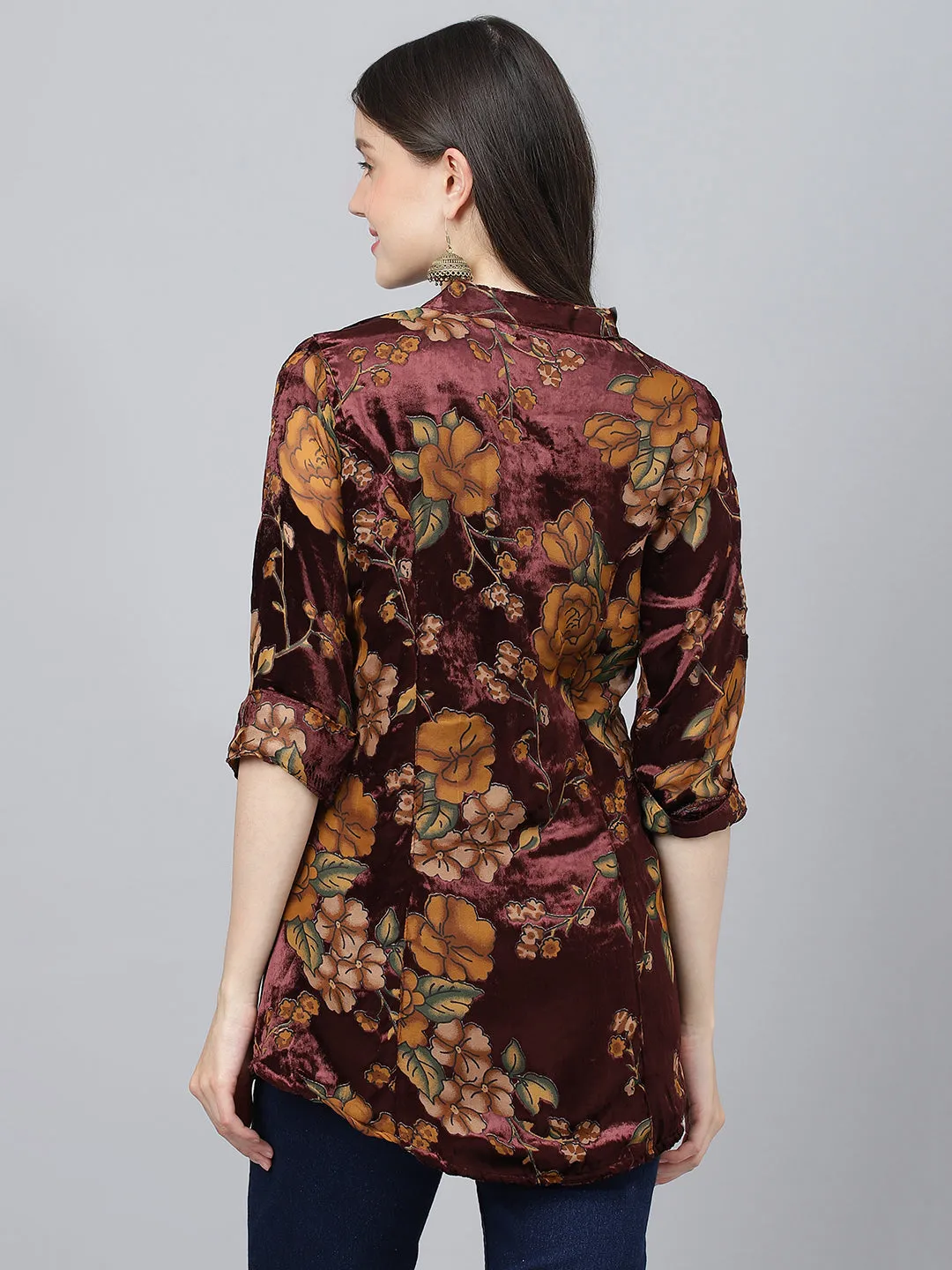 Women Wine Floral Burn Out Valvet A-Line Shirts Style Top