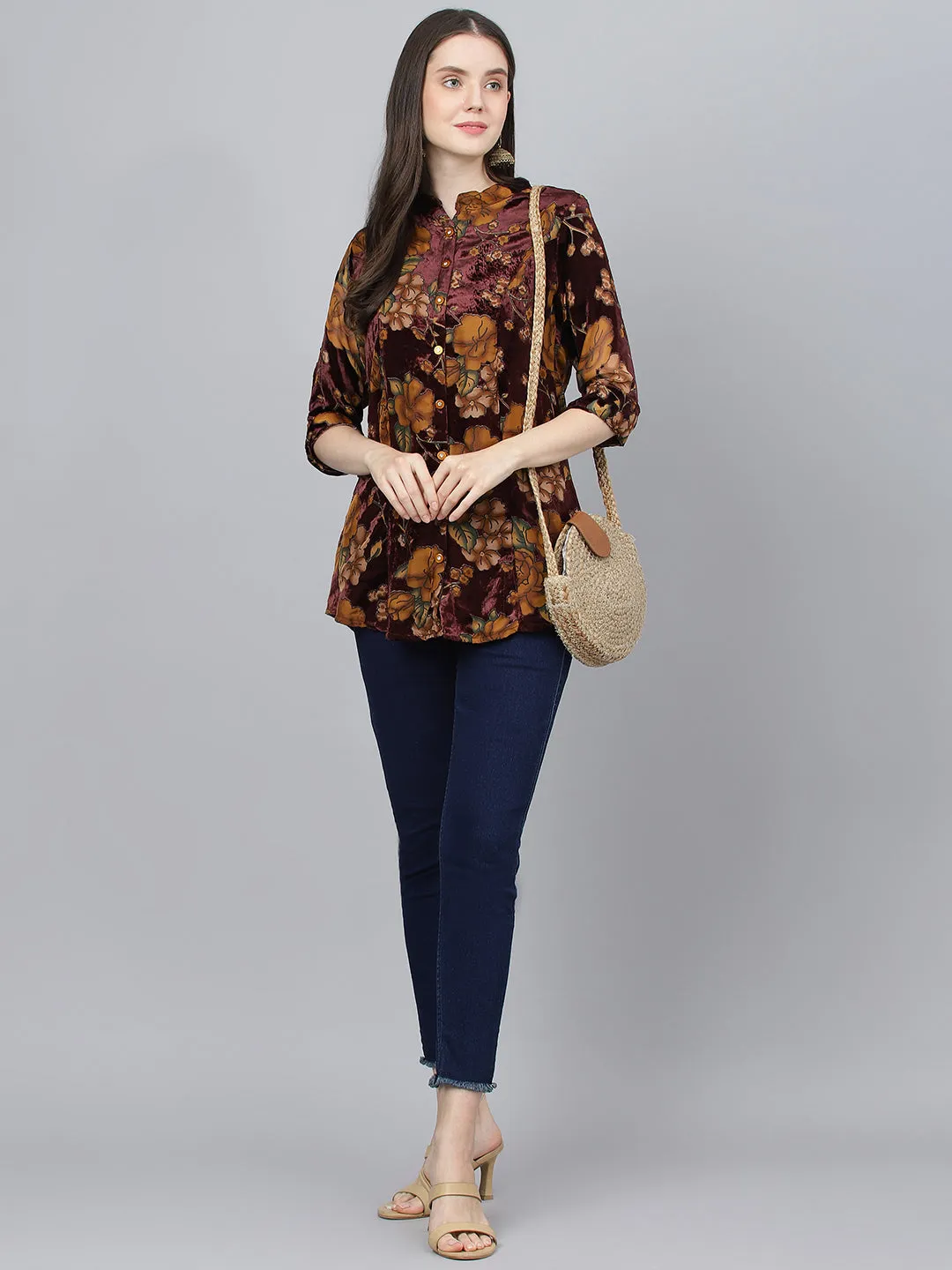 Women Wine Floral Burn Out Valvet A-Line Shirts Style Top